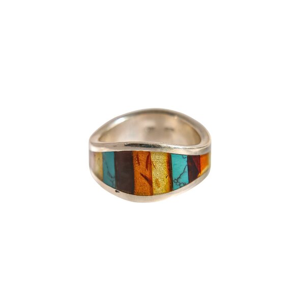 Baltic Amber and Turquoise Mosaic Ring in Sterling Silver - Picture 3 of 5